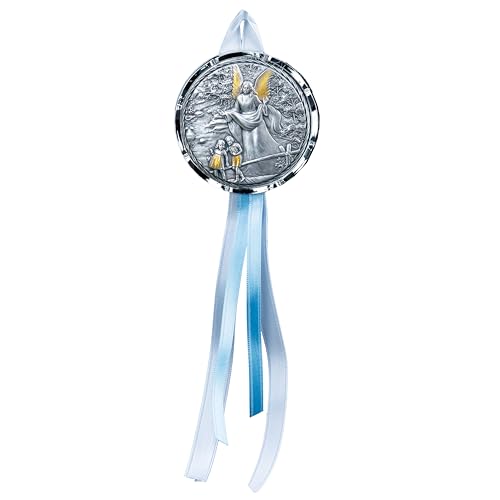 Guardian Angel Crib Medal, Round Decorated with Silk Blue Ribbon