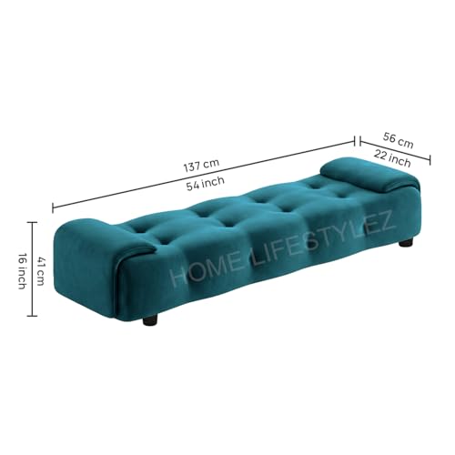 Image of Home Lifestlez Monel 2 Seater Tufted Ottoman Bench | Velvet Upholstered | Seating Bench Window Bench Footrest Stool End of Bed Bench Living Room Furniture | Comfortable & Stylish - T Blue