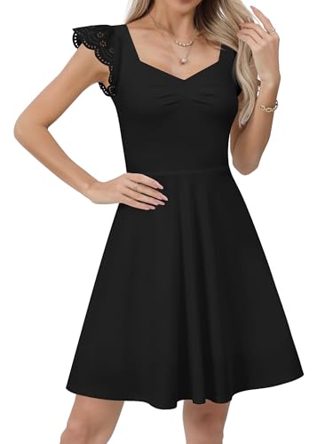 Missufe Damen Cocktailkleid Party Rockabilly V-Ausschnitt Flatterärmel Figurbetont A Linien Swing Kleider (Schwarz, Mittel)