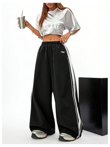Floerns Women's Elastic Waist Side Striped Track Pants Baggy Wide Leg Hip Hop Pants4