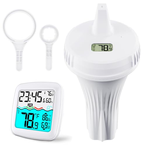 Wireless Pool Thermometer Floating, IPX8 Waterproof & Rugged Swimming Pool Temperature with Tether, Instant Digital Display, with 2 Sealing Wrenches