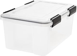 IRIS USA WEATHERPRO 19 Quart Stackable Storage Box with Airtight Gasket Seal Lid, Heavy Duty Containers with Tight Latches, Weather proof Bins for Closet Basement Attic, 6 Pack - Clear/Black
