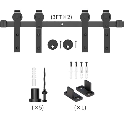 skysen 6FT Heavy Duty Sliding Barn Door Hardware Single Track Bypass Double Door Kit Black(Bypass J Shape-1)