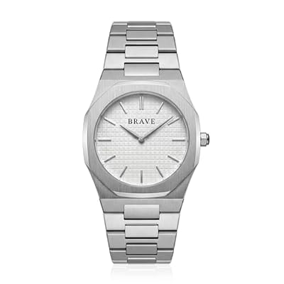 Orologio da uomo. Orologio analogico circolare da uomo Brave dal design elegante e moderno. Orologio bracciale uomo originale con macchinari al quarzo di alta qualità. Orologio (Argento - Bianco)