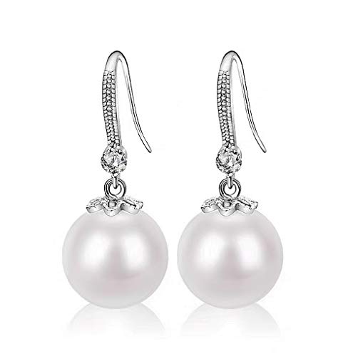 YAXUN Pendientes Perla Mujer Plata de Ley 925 con Circonita Cúbica AAAAA - Pendientes Largos Colgantes de Perla Redondo 12 mm Bisuteria Joyas Regalos para Mujeres