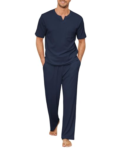 Image of JiniGolla Mens Pajamas Set Soft Short Sleeve Top and Pant Loungewear Sets 2 Piece Pjs with Pockets
