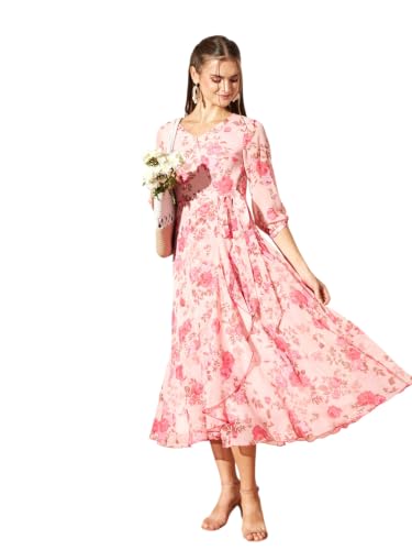 Image of Miss Chase Women's Multicolored Black Floral V-Neck 3 /4 Sleeve Wrap Chiffon Midi Dress