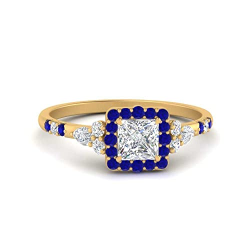 Image of Choose Your Color 14k Yellow Gold Plated Princess Shape Petite Engagement Rings Halo Edwardian Engagement Ring Everyday Wedding Jewelry Handmade Gifts for Wife : US Size 4 to 12