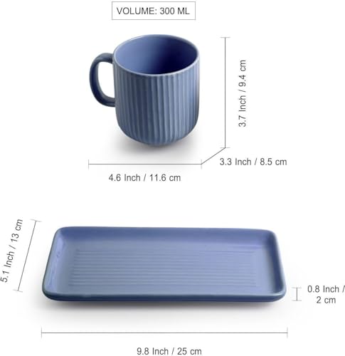 Image of Premium Stoneware Ceramic Mug & Serving Set (Set Of 3) | Handmade Striped Tea & Coffee Mugs with Tray & Dip Bowl | Microwave Safe, Dishwasher Safe Cups for Hot & Cold Beverages| Blue