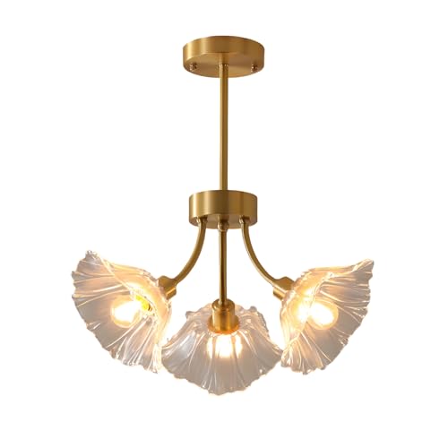 Plafonnier doré semi-encastré à 3 lumières avec abat-jour en verre fleur pour chambre