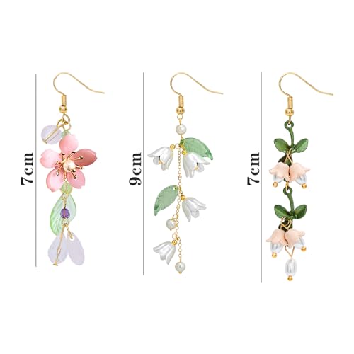 NEWITIN 3 Pairs Long Flower Earrings for Women Hypoallergenic Earring Leaf Floral Tassel Earring Statement Flower Dangle Pink Floral Earrings for Women2