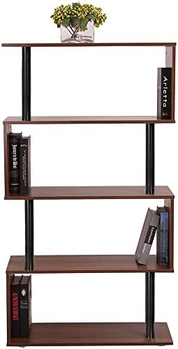 Homesbrand Wooden Bookcase, S-Shape Decorative Bookshelf Organizer, 4-tier Bookshelf Dividers Storage Display Unit for Living Room, Study and Office, Brown, 75x30x144cm