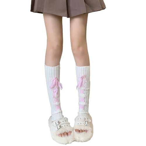 Image of Triplewood Y2K Warm Long Leg Warmers for Women White Knitted Girls Leg Warmer Socks Winter Accessory
