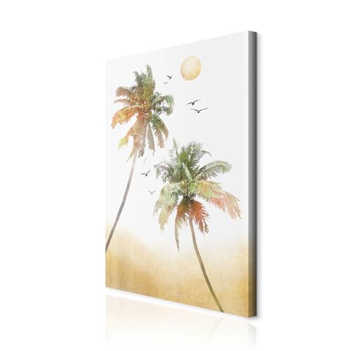 decomonkey - Tableau Acoustique Palmiers 60x90 1 Pièce - Impression sur Toile Décoration Maison Isolation Peinture Image Phonique Déco Bureau Panneaux AcoustiquesSoleil oiseaux palmiers plage