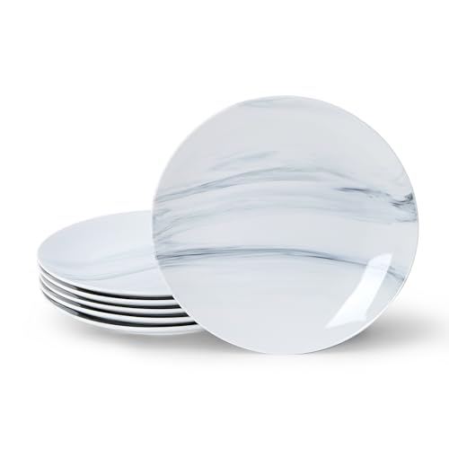 bestone Dinner Plates, 10.5 Inch Plates Set of 6, Porcelain Round Dessert Salad Dinner Plates, Serving Dishes for Kitchen, Dishwasher, Microwave, Freezer, Oven Safe, Marble Blue