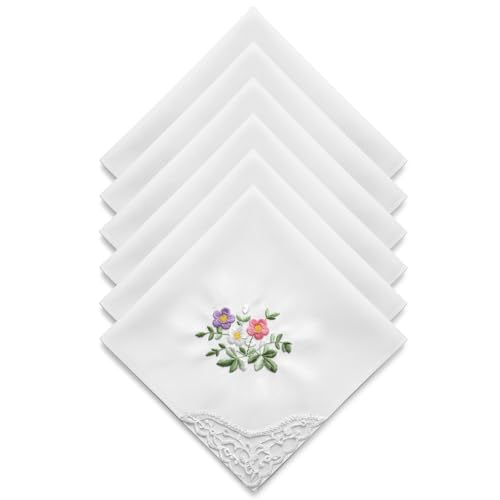 RAHHLIZS 6Pcs Ladies Handkerchiefs Women Handkerchiefs Soft Cotton Floral Embroidered Hankies White Soft Bridal Handkerchief for Wedding Party and Daily Use