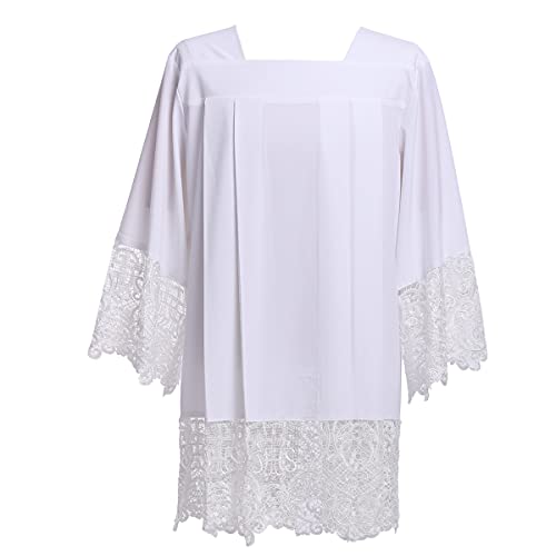 BLESSUME Catholic White Pleated Lace Surplice Liturgical Cotta Vestment (White, X-Large)
