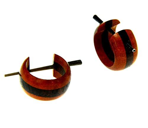 CHICNET Pendientes de aro pequeños de madera, 15 mm, rojo, marrón, rayas, bocina, 1,5 mm, unisex, para mujer, hombre, joyas thumbnail