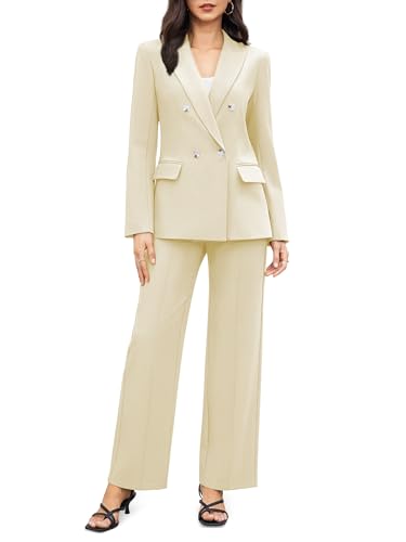 Women's 2 Piece Business Casual Outfits Double Breasted Blazer Dressy Wide Leg Work Pants Suits Set