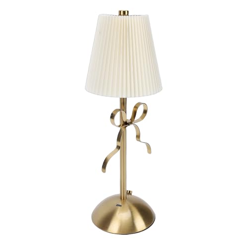 Cute Bow Table Lamp, Rechargeable LED Desk Lamp with Fabric Shade, 1200mAh Battery, Decorative Nightstand Lamp for Bedroom, Home, Hotel (Yellow)