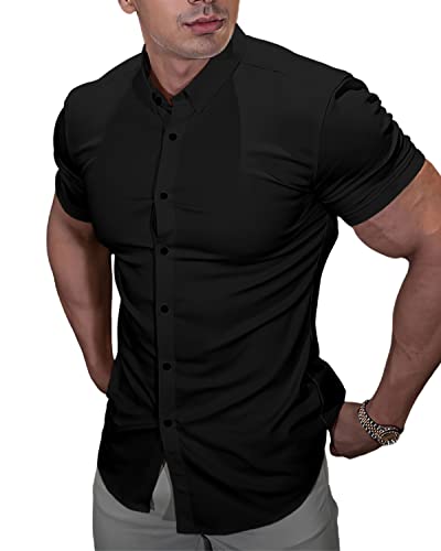Casual Men's Muscle Fit Dress Shirts Short Sleeve Athletic Fit Button Down Shirts Black M #TOP4