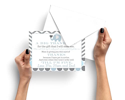 Blue Elephant Baby Shower Thank You Cards (25 Pack) Prefilled Note From Boy – Individual Notecards With Envelopes – Say Thanks For Babies Registry Gifts - Royal Theme Jungle – 4X6 Blank Stationery #TOP3
