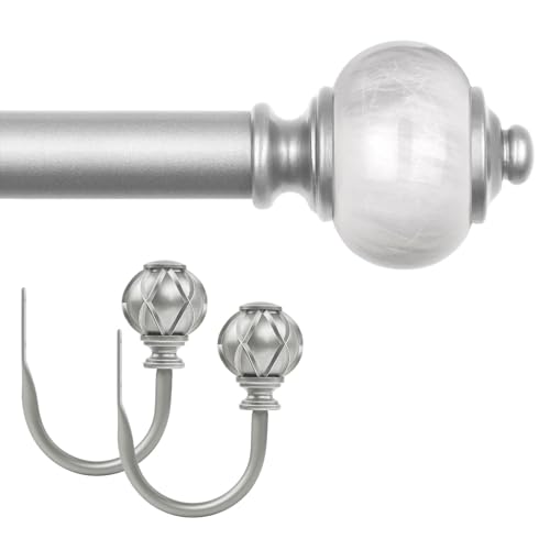 KAMANINA Bundle of 32-144" Curtain Rod with Marbled Ends and Matched Holdbacks with Netted Texture Finials, Silver