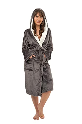 Daisy Dreamer Damen Bademantel aus weichem Plüsch für Frauen, Hausmantel, Loungewear, Bademantel, weich, schimmernd, Fleece, Anthrazit (Sherpa-Kapuze), 38 Cover