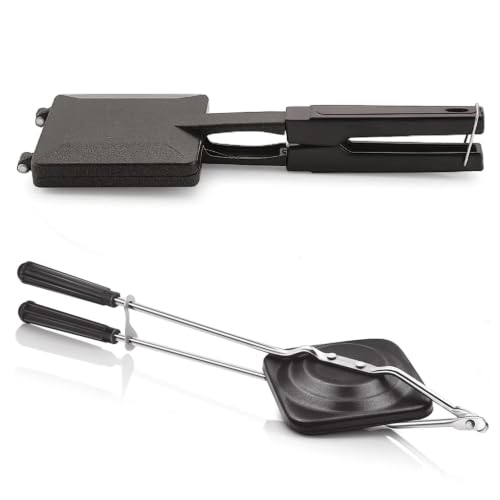Image of Classic Gas Sandwich Toaster Combo Pack, Non-Stick Aluminum Sandwich Maker (2 Slice Cut) + Long Handle Pop-Up Bread Toaster, Flame-Proof Design, Heat-Resistant Handle, Gas Stove Compatible
