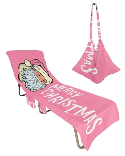 Xmas Santa Claus Beach Chair Towel Covers for Chaise Lounge with Side Pocket, Soft Plush Pool Towels Cover for Patio Sunbathing Outdoor 29''x85'' Merry Christmas Blush Pink