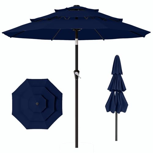 Image of AreShark 9ft 3-Tier Patio Umbrellas, Outdoor Umbrella with 8 Sturdy Ribs UV Protection Windproof, Market Table Umbrella w /Push Button Tilt & Crank for Pool, Porch, Deck, Garden(Navy)