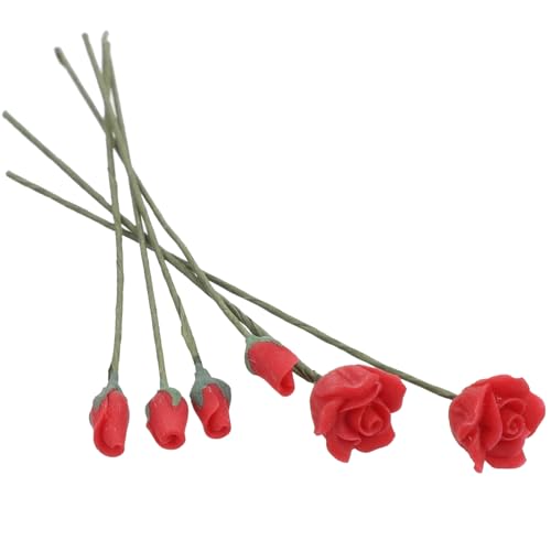 FUNOMOCYA 6Pcs Mini Red Rose Decorations Miniature Dollhouse Accessories Simulation Rose Adornments for Fairy Garden Kits and Micro Scenes
