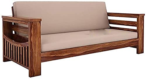 Image of Mamta Furniture Wooden 3 Seater Sofa Set Home Living Room |Solid Wood Sofa Set 3 Seater| Sheesham Wood Furniture Sofa Set | Without Pillow | Cream Cushions| Teak Finish