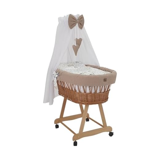 Wiklinopol Stubenwagen aus Weide mit Baldachin und Gestell Lena – Moseskorb in Natur, Komplettset mit 5-TLG. Waffel-Bettwäsche Kaninchen Beige – Mit Rollen, Tragbar, Sicher