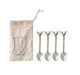 Creative Co-Op Stainless Steel and Brass Spoons with Gold Finish Reindeer Handles, Set of 4 in Printed Drawstring Bag