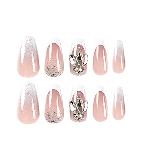 24 Pcs Press on Nails Long, Luvehandicraft Coffin Ombre Fake Nails with Crystals, False Nails with Nail Glue on Nails for Women and Girls (Long Pink White French with Crystal)