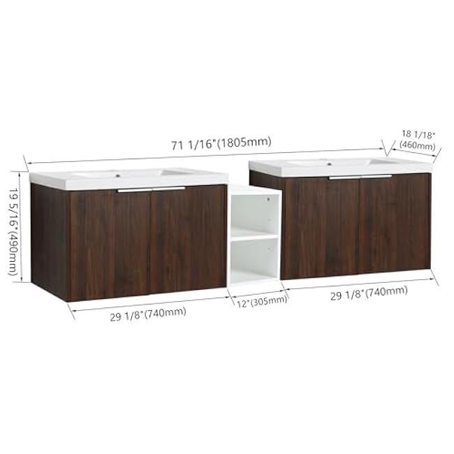 Henf 72'' Bathroom Cabinet with Double Sink,Wall-Mounted Bathroom Vanity Set for Office, Floating Vanity and Sink Combo w/Soft Close Doors, Wall Mounted Vanities with Open Shelf, Oak Color