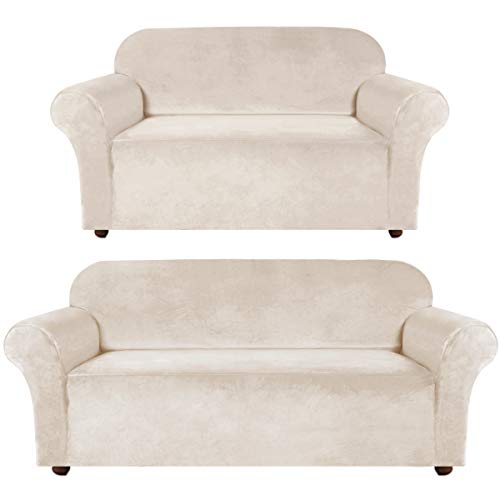 Turquoize Velvet Sofa Slipcover Bundle with Loveseat High Spandex Sofa Cover/Lounge Covers/Couch Covers Ivory True