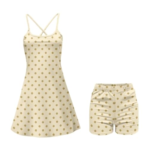 Women's Tennis Dress with Built-in Shorts and Side Pockets Beige Polka Sleeveless Golf Outfit Lightweight Breathable for All-Day Comfort