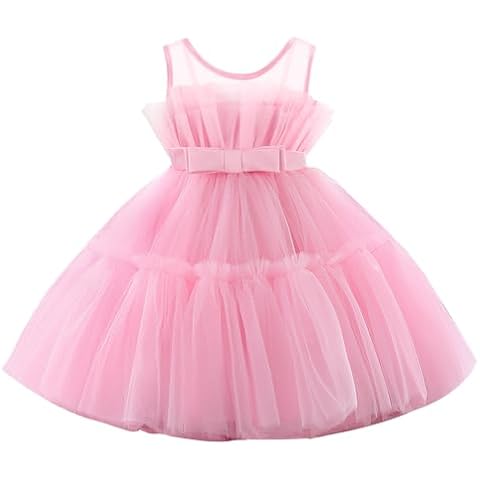 Acecharming Toddler Flower Girl Dress Pink Sleeveless Mesh Bow Kids Ruffle Puffy Tulle Tutu Dress for Girls Wedding Party Formal Prom Birthday Gowns Princess Pageant Dress (1-12 Y) Cover