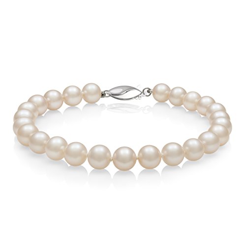 Belacqua AA Quality White Cultured Freshwater Pearl Bracelet in Sterling Silver, Fishhook Clasp, Size- 5.5mm to 9mm, Length- 6.5 to 8.5 Inches, Real Pearl Jewelry for Women, Gift Box Included