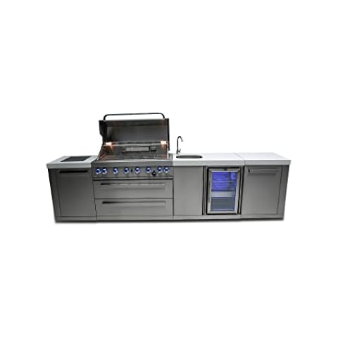 Mont Alpi MAi805-BEV 44-inch 6-Burner 115000 BTU Stainless Steel Outdoor Kitchen Bar Gas Barbecue Island Grill + Wine Cooler Beverage Center Refrigerator + Granite Countertops & Infrared Side Burner Cover