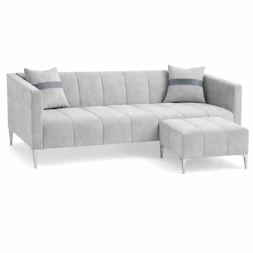 Image of Solomon 4 Seater L Shape Sofa Set with Movable Ottoman | Flexible Left or Right Layout | Luxe Velvet Suede Fabric | Comfortable Seating | Modern Sofa for Living Room - Light Gray
