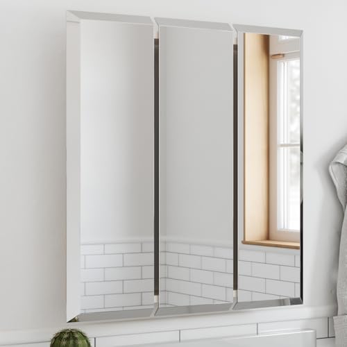 Image of Design House Cyprus Bathroom Medicine Cabinet with Mirror, 25 Inch Recessed or Surface Mount Cabinet, 3 Frameless Mirrored Doors, 2 Shelves, White, Pre-Assembled, 597484