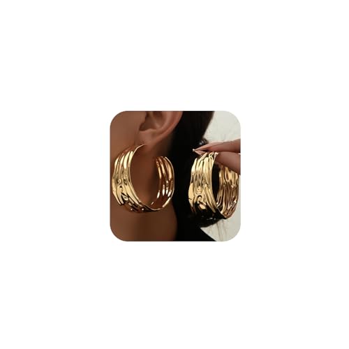 Statement Gold Hammered Wide Hoop Earrings for Women Trendy, Chunky Large Circle Big Huggie Drop Dangle Earring Unique Party Jewelry Accessories Gifts
