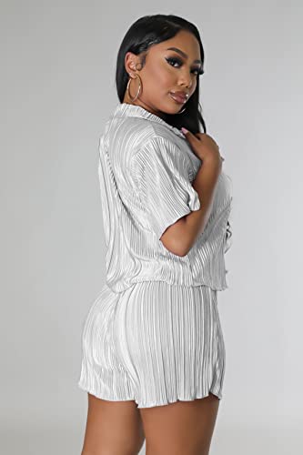 Fastkoala Short Sets Women 2 Piece Outfits Vacation Pleated Button Down Shirts Drawstring Shorts Set Loungewear White L #TOP3