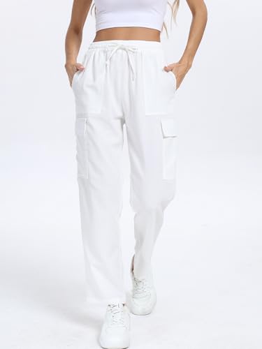 Women's Linen Blend Cargo Pants High Rise Drawstring Summer Beach Trousers, Comfort Fit for Casual Wear4