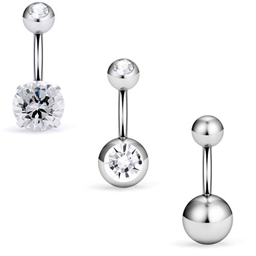 SCERRING 3PCS 16G 6mm 1/4 Inch 316L Surgical Steel Short Belly Button Rings Dangle Belly Earring Clear CZ Navel Ring Barbell Body Piercing Silver SCERRING 3PCS 16G 6mm 1/4 Inch 316L Surgical Steel Short Belly Button Rings Dangle Belly Earring Clear CZ Navel Ring Barbell Body Piercing Silver
