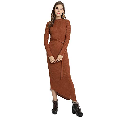 Image of Women Brown Asymmetric Maxi Dress with Side Slit and Belt