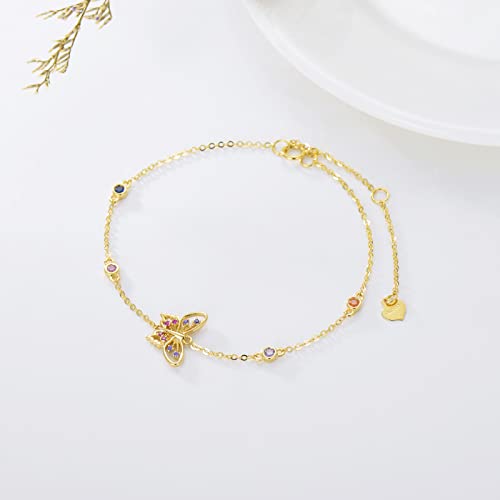 14K Gold Butterfly Bracelets For Women Adjustable Dainty Bracelet With Colorful Cubic Zirconia In 6.5"-8.5" #TOP1